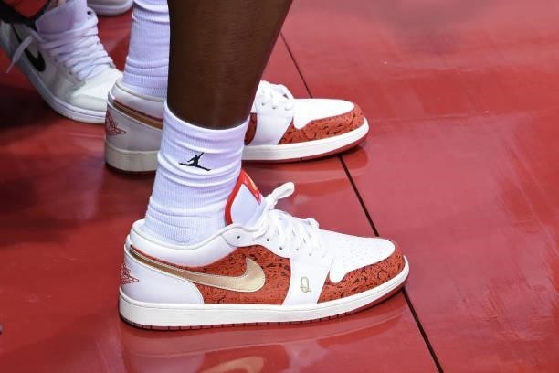 The sneakers of Bam Adebayo of the Miami Heat during Day 1 of the 2021 Las Vegas Summer League on August 8, 2021 at the Thomas & Mack Center in Las...
