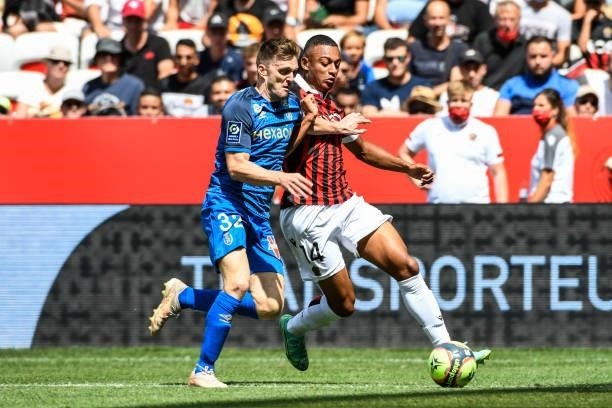 Lucas DA CUNHA of Nice and Thomas FOKET of Reims during the Ligue 1 football match between Nice and Reims at Allianz Riviera on August 8, 2021
