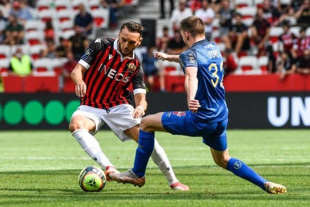 Amine GOUIRI of Nice and Thomas FOKET of Reims during the Ligue 1 football match between Nice and Reims at Allianz Riviera on August 8, 2021