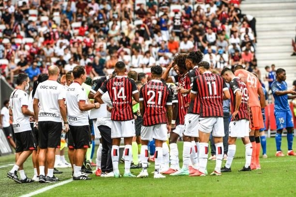 Players of Nice during the Ligue 1 football match between Nice and Reims at Allianz Riviera on August 8, 2021