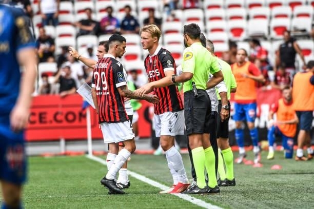 Lucas DA CUNHA and Kasper DOLBERG of Reims during the Ligue 1 football match between Nice and Reims at Allianz Riviera on August 8, 2021
