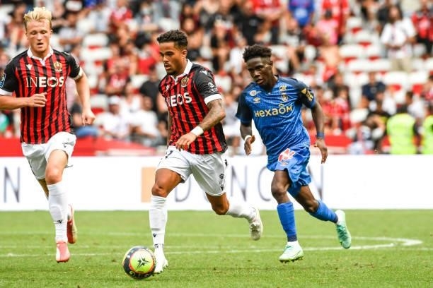 Justin KLUIVERT and Kasper DOLBERG of Nice during the Ligue 1 football match between Nice and Reims at Allianz Riviera on August 8, 2021