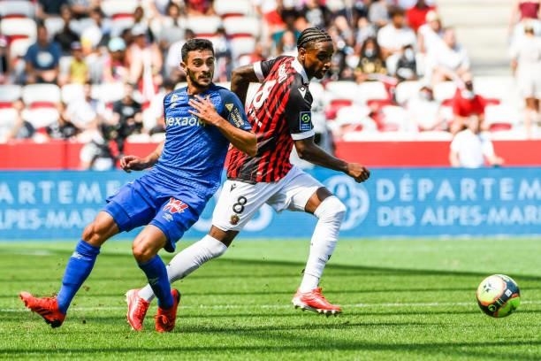 Xavier CHAVALERIN of Reims and Pablo ROSARIO of Nice during the Ligue 1 football match between Nice and Reims at Allianz Riviera on August 8, 2021
