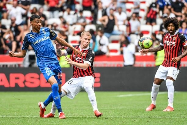 Melvin BARD of Nice and Hugo EKITIKE of Reims during the Ligue 1 football match between Nice and Reims at Allianz Riviera on August 8, 2021