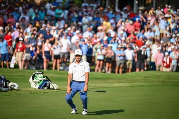 Abraham Ancer of Mexico reacts to missing a putt on the 18th hole green during a playoff in the final round of the World Golf Championships-FedEx St....