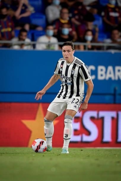 Juventus player Federico Chiesa during the match between Barcelona and Juventus at Estadi Johan Cruyff on August 8, 2021 in Barcelona, Spain.