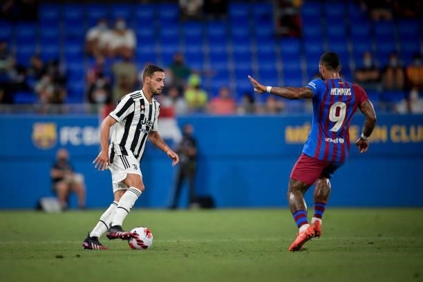 Juventus player Mattia De Sciglio during the match between Barcelona and Juventus at Estadi Johan Cruyff on August 8, 2021 in Barcelona, Spain.