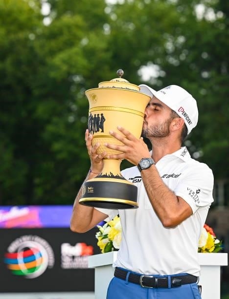 Abraham Ancer of Mexico kisses the Gary Player Cup trophy following his playoff victory in the final round of the World Golf Championships-FedEx St....