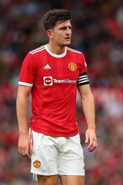Harry Maguire of Manchester United during the Pre Season Friendly fixture between Manchester United and Everton at Old Trafford on August 7, 2021 in...