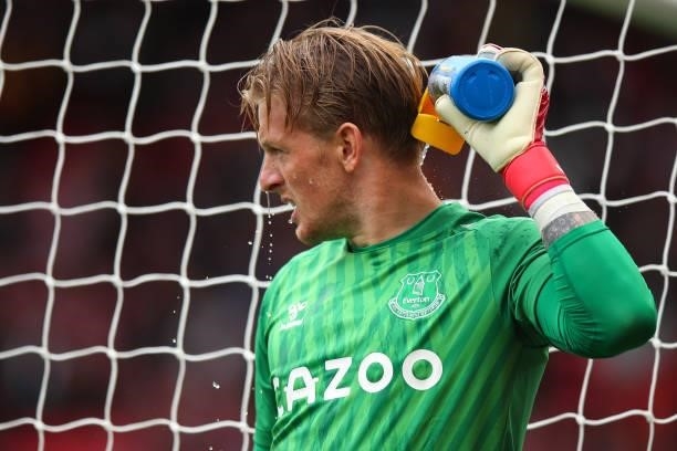 Jordan Pickford of Everton during the Pre Season Friendly fixture between Manchester United and Everton at Old Trafford on August 7, 2021 in...