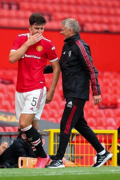 Harry Maguire of Manchester United and Ole Gunnar Solksjaer the head coach / manager of Manchester United during the Pre Season Friendly fixture...