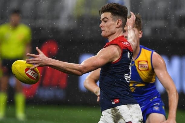 Bayley Fritsch of the Demons snaps a kick on goal during the 2021 AFL Round 21 match between the West Coast Eagles and the Melbourne Demons at Optus...