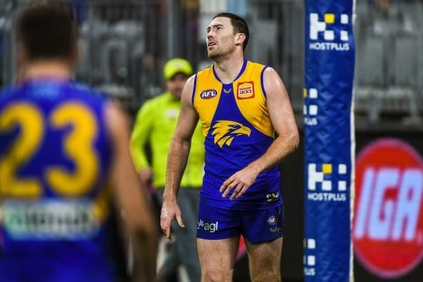 Jeremy McGovern of the Eagles rues a missed kick during the 2021 AFL Round 21 match between the West Coast Eagles and the Melbourne Demons at Optus...