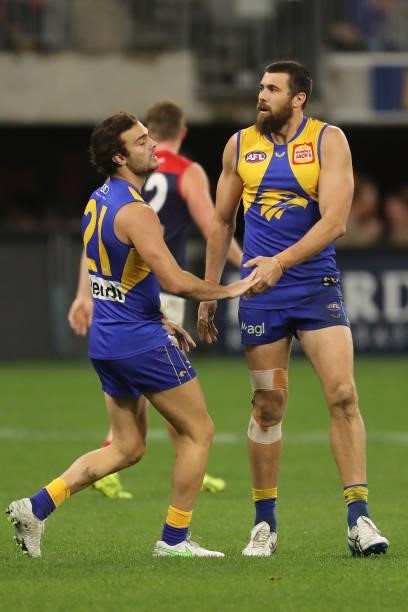 Josh J. Kennedy of the Eagles celebrates after scoring a goal during the 2021 AFL Round 21 match between the West Coast Eagles and the Melbourne...