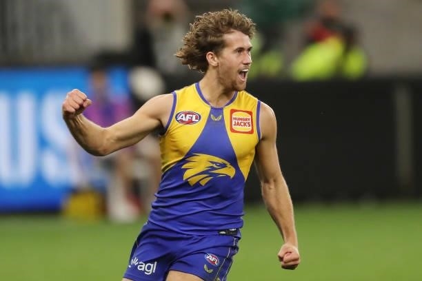 Connor West of the Eagles celebrates after scoring a goal during the 2021 AFL Round 21 match between the West Coast Eagles and the Melbourne Demons...