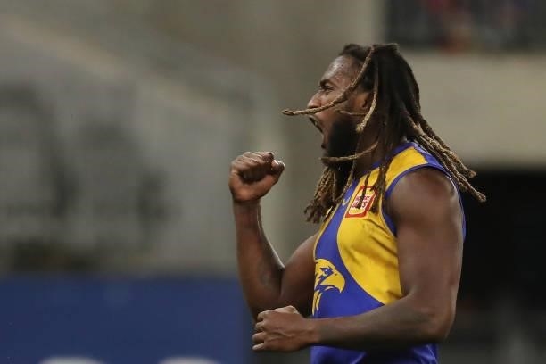 Nic Naitanui of the Eagles celebrates after scoring a goal during the 2021 AFL Round 21 match between the West Coast Eagles and the Melbourne Demons...