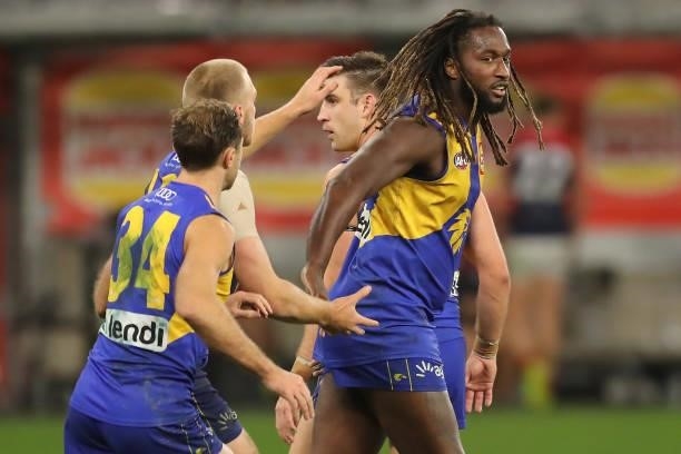 Nic Naitanui of the Eagles celebrates after scoring a goal during the 2021 AFL Round 21 match between the West Coast Eagles and the Melbourne Demons...
