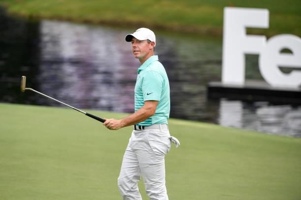 Rory McIlroy of Northern Ireland with putter at the 18th green during the final round of the World Golf Championships-FedEx St. Jude Invitational at...