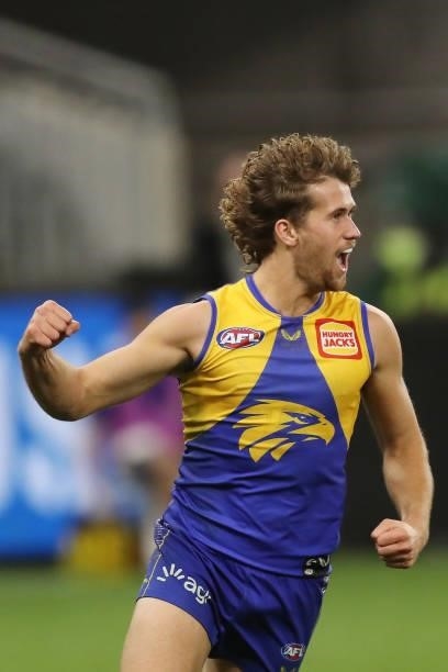 Connor West of the Eagles celebrates after scoring a goal during the 2021 AFL Round 21 match between the West Coast Eagles and the Melbourne Demons...