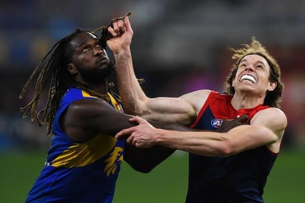 Nic Naitanui of the Eagles competes a throw-in with Ben Brown of the Demons during the 2021 AFL Round 21 match between the West Coast Eagles and the...