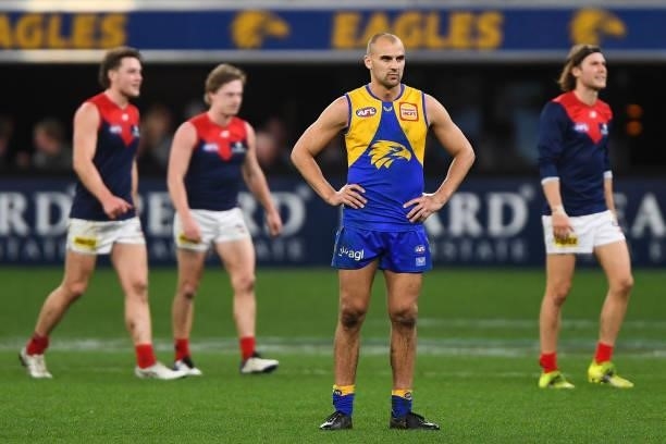 Dom Sheed of the Eagles looks dejected after a loss during the 2021 AFL Round 21 match between the West Coast Eagles and the Melbourne Demons at...