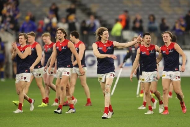 Ben Brown of the Demons acknowledges the crowd after the teams win during the 2021 AFL Round 21 match between the West Coast Eagles and the Melbourne...