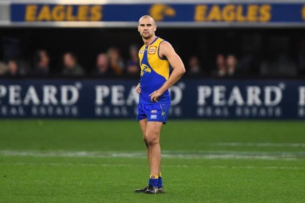 Dom Sheed of the Eagles looks dejected after a loss during the 2021 AFL Round 21 match between the West Coast Eagles and the Melbourne Demons at...