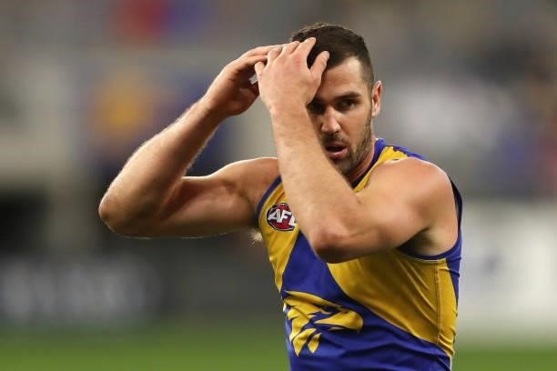 Jack Darling of the Eagles reacts after missing a shot on goal during the 2021 AFL Round 21 match between the West Coast Eagles and the Melbourne...