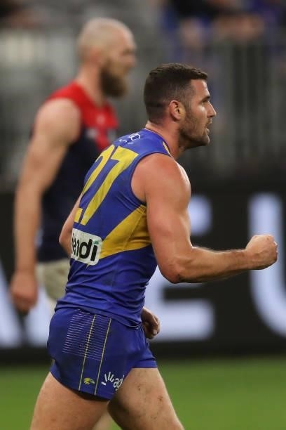 Jack Darling of the Eagles celebrates after scoring a goal during the 2021 AFL Round 21 match between the West Coast Eagles and the Melbourne Demons...