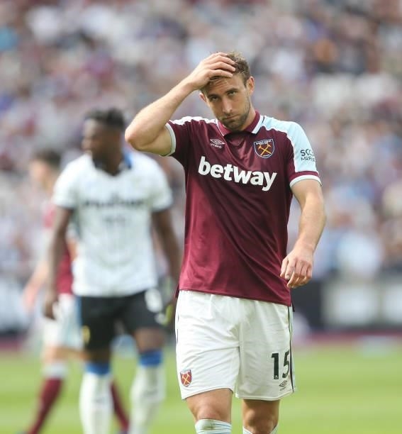 West Han United's Craig Dawson during the Betway Cup match between West Ham United and Atalanta at London Stadium on August 7, 2021 in London,...