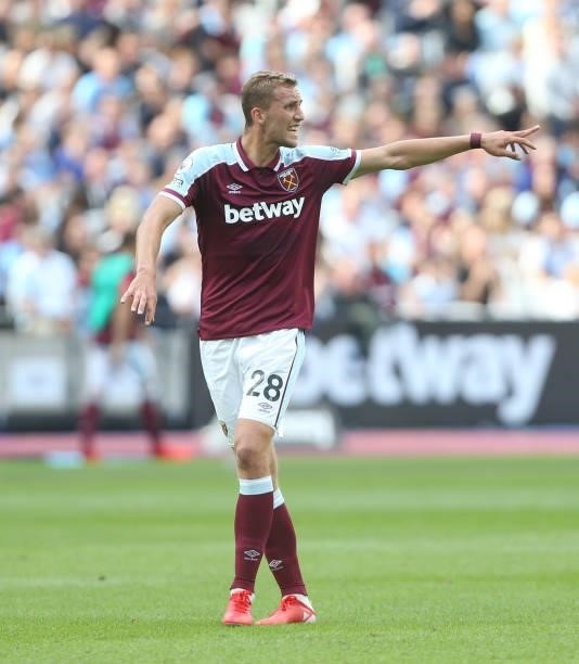 West Han United's Tomas Soucek during the Betway Cup match between West Ham United and Atalanta at London Stadium on August 7, 2021 in London,...