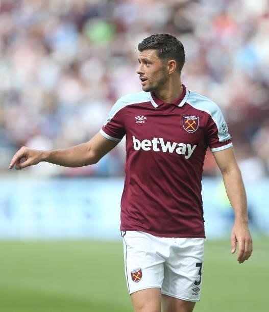 West Han United's Aaron Cresswell during the Betway Cup match between West Ham United and Atalanta at London Stadium on August 7, 2021 in London,...