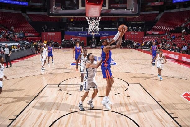 Obi Toppin of the New York Knicks handles the ball during the 2021 Las Vegas Summer League on August 9, 2021 at the Thomas & Mack Center in Las...