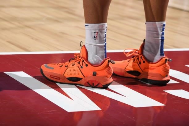 The sneakers worn by Jericho Sims of the New York Knicks during the 2021 Las Vegas Summer League on August 9, 2021 at the Thomas & Mack Center in Las...