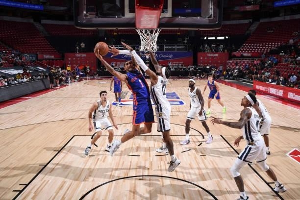 Obi Toppin of the New York Knicks drives to the basket during the 2021 Las Vegas Summer League on August 9, 2021 at the Thomas & Mack Center in Las...