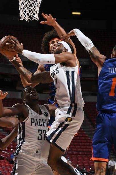 Oshae Brissett of the Indiana Pacers drives to the basket during the 2021 Las Vegas Summer League on August 9, 2021 at the Thomas & Mack Center in...