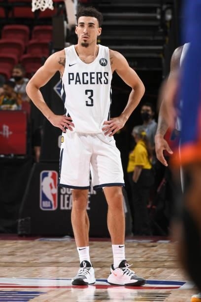 Chris Duarte of the Indiana Pacers looks on during the 2021 Las Vegas Summer League on August 9, 2021 at the Thomas & Mack Center in Las Vegas,...