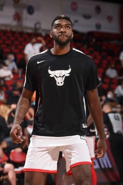 Patrick Williams of the Chicago Bulls looks on before the game against the New Orleans Pelicans during the 2021 Las Vegas Summer League on August 9,...