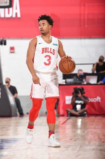 Devon Dotson of the Chicago Bulls handles the ball during the 2021 Las Vegas Summer League on August 9, 2021 at the Cox Pavilion in Las Vegas,...