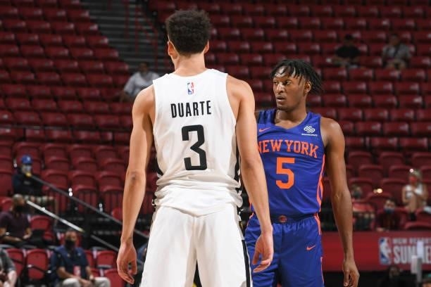 Immanuel Quickley of the New York Knicks looks on during the 2021 Las Vegas Summer League on August 9, 2021 at the Thomas & Mack Center in Las Vegas,...