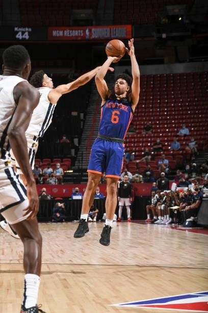 Quentin Grimes of the New York Knicks shoots the ball during the 2021 Las Vegas Summer League on August 9, 2021 at the Thomas & Mack Center in Las...
