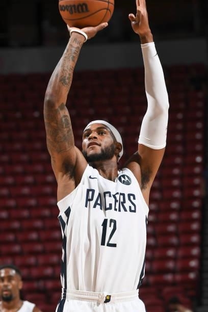 Oshae Brissett of the Indiana Pacers shoots a free throw during the 2021 Las Vegas Summer League on August 9, 2021 at the Thomas & Mack Center in Las...