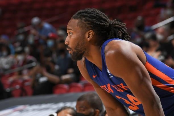 Wayne Selden of the New York Knicks looks on during the 2021 Las Vegas Summer League on August 9, 2021 at the Thomas & Mack Center in Las Vegas,...