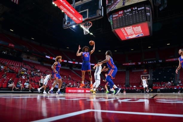 Jericho Sims of the New York Knicks rebounds the ball during the 2021 Las Vegas Summer League on August 9, 2021 at the Thomas & Mack Center in Las...