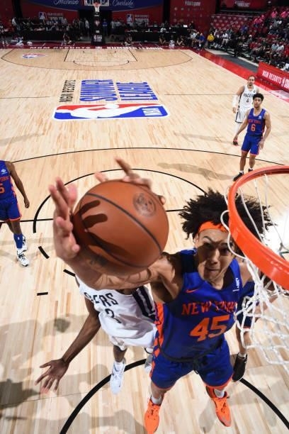 Jericho Sims of the New York Knicks rebounds the ball during the 2021 Las Vegas Summer League on August 9, 2021 at the Thomas & Mack Center in Las...