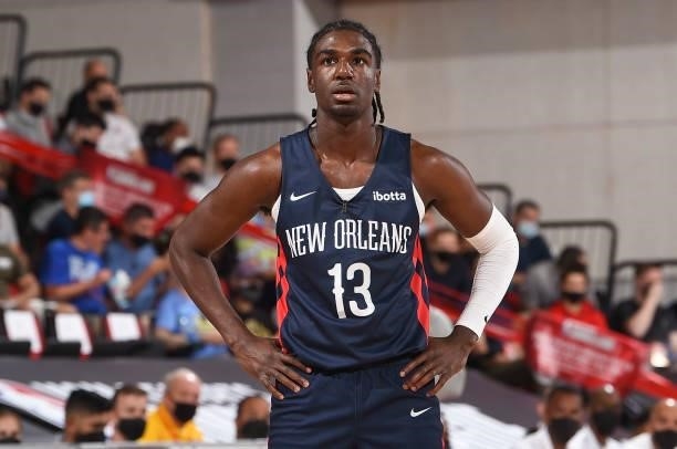 Kira Lewis Jr. #13 of the New Orleans Pelicans looks on during the 2021 Las Vegas Summer League on August 9, 2021 at the Cox Pavilion in Las Vegas,...