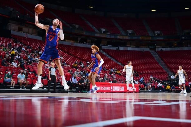 Luca Vildoza of the New York Knicks rebounds the ball during the 2021 Las Vegas Summer League on August 9, 2021 at the Thomas & Mack Center in Las...