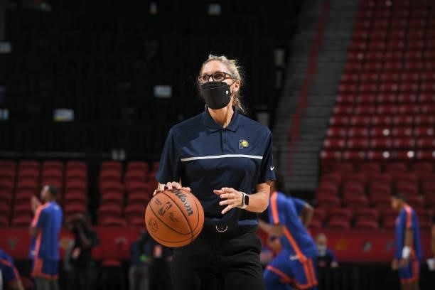 Assistant Coach Jenny Boucek of the Indiana Pacers looks on before the game against the New York Knicks during the 2021 Las Vegas Summer League on...