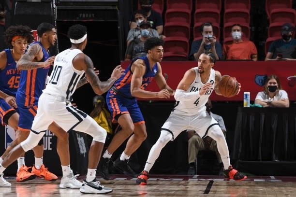 Duane Washington Jr. #4 of the Indiana Pacers handles the ball as Quentin Grimes of the New York Knicks plays defense during the 2021 Las Vegas...