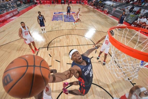Moses Wright of the New Orleans Pelicans drives to the basket during the 2021 Las Vegas Summer League on August 9, 2021 at the Cox Pavilion in Las...